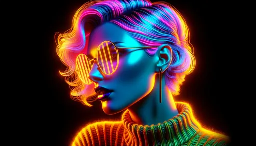 Prompt: in neon hues modern woman with colorful hair and glasses, in the style of 8k 3d, golden light, uhd image, panfuturism, chrome reflections, colorful portraits, daz3d