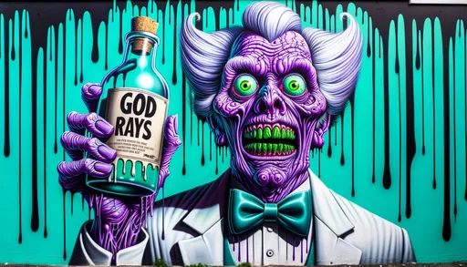 Prompt: The image showcases a vivid and striking graffiti art of a grotesque character with exaggerated facial features, holding up a bottle labeled "GOD RAYS." The character has bulging green eyes, wrinkled purple skin, and a dramatic white coiffure, all set against a teal dripping background. He wears a formal suit and bowtie, presenting a stark contrast to his monstrous appearance. in wide ratio