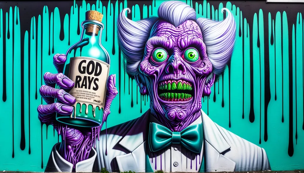 Prompt: The image showcases a vivid and striking graffiti art of a grotesque character with exaggerated facial features, holding up a bottle labeled "GOD RAYS." The character has bulging green eyes, wrinkled purple skin, and a dramatic white coiffure, all set against a teal dripping background. He wears a formal suit and bowtie, presenting a stark contrast to his monstrous appearance. in wide ratio