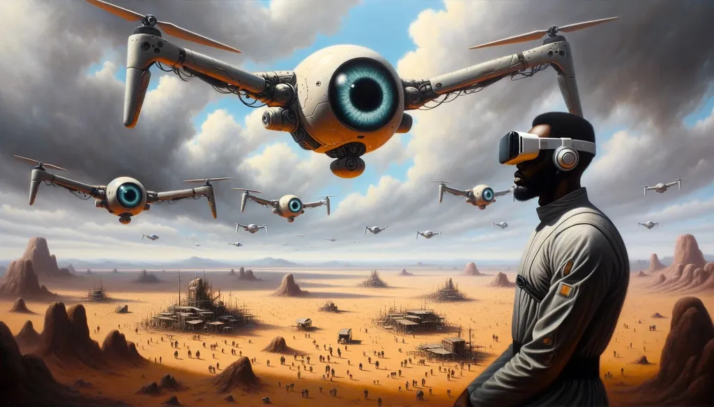 Prompt: Oil painting of a post-apocalyptic desert scene. Robotic eye-like drones hover in the sky. In the foreground, a man of African descent dons a high-tech jumpsuit and a VR headset, looking contemplative.