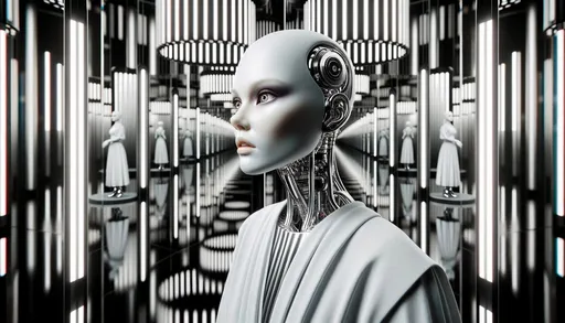 Prompt: Wide photo of a woman with exaggerated facial features and porcelain skin, standing poised in front of a series of mirrors. The scene exudes a surreal robotics vibe, with dark silver and striped patterns. The image is rendered with a cinema4d touch, showcasing bold saturation and innovator elements.
