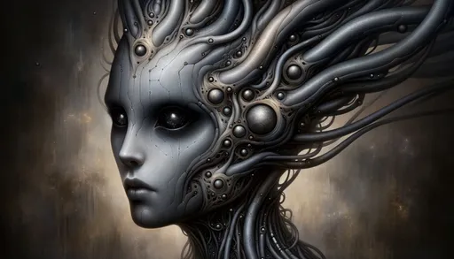 Prompt: Illustration with a fantasy theme, presenting a humanoid figure whose matte gray skin seems to glow faintly. The dark eyes, large and expressive, hold a galaxy of stories. The face is adorned with intricate patterns of gold and silver, so detailed they seem to pulsate with life. Rising from the forehead is a crown, not just of wires, but of liquid metal that twists and turns, capturing the essence of both fluidity and rigidity. The neck, a testament to both nature and machine, is a nexus of metal tubes, each with its own personality. Against this, the background stands subdued, a canvas of muted dark shades.