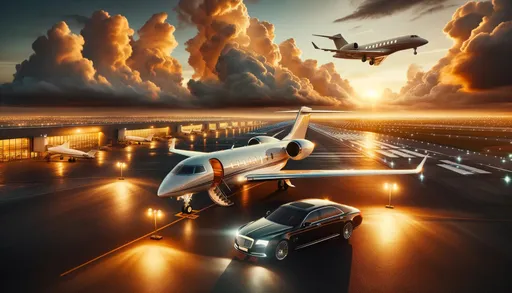 Prompt: A sprawling airport tarmac bathed in the warm glow of sunset features a gleaming private jet poised for takeoff. In the foreground, a luxurious sedan awaits, reflecting the luminance of the surrounding lights. Above, a smaller aircraft soars against a backdrop of billowing clouds tinged with golden hues.