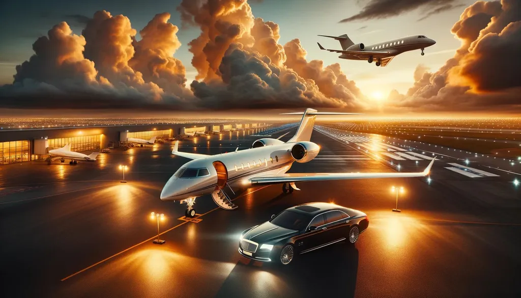 Prompt: A sprawling airport tarmac bathed in the warm glow of sunset features a gleaming private jet poised for takeoff. In the foreground, a luxurious sedan awaits, reflecting the luminance of the surrounding lights. Above, a smaller aircraft soars against a backdrop of billowing clouds tinged with golden hues.