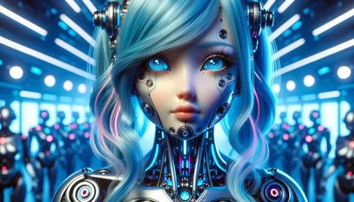 Prompt: Macro photo of futuristic humanoid girl with blue hair in wide ratio