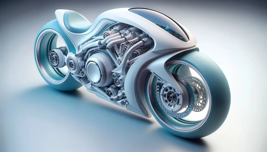 Prompt: Rendered image showcasing a state-of-the-art motorcycle, characterized by its smooth curves and a color palette of pale blue and white. The design integrates expansive, empty wheel spaces and detailed mechanical elements, positioned against a gradient backdrop for added effect.