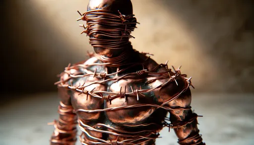 Prompt: barbwire copper human figurine, styled as a raw, unedited photograph, with natural lighting and a simple background to emphasize the texture and details of the copper and barbwire