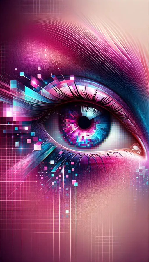 Prompt: Design a close-up of an eye, merging digital aesthetics and pixelated elements, using a color palette of vivid pinks, blues, and purples to evoke a sense of futuristic artistry and emotion in tall ratio