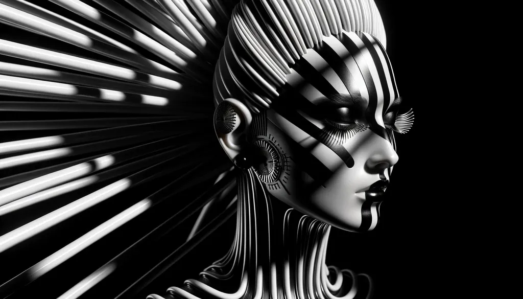 Prompt: 3D digital sculpture of a woman with a face adorned with black and white stripes, capturing the essence of gothic futurism, illuminated by dramatic shadows and lighting.