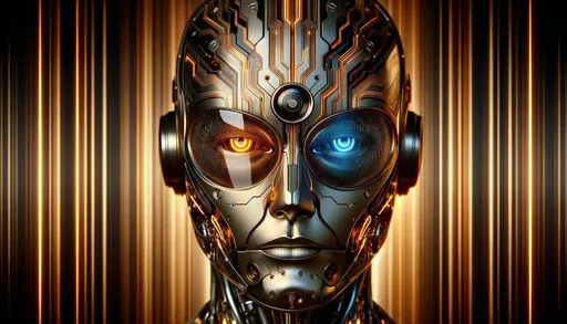 Prompt: Design an image to resemble a raw photograph of a humanoid robot, blending futuristic and realistic elements. The robot has a detailed face with features that transition from a golden to a chrome finish. The eyes should be asymmetrical: one eye emits a bright orange glow with a hexagonal pupil, the other is a calm blue. The face is adorned with complex, luminous circuit patterns in black and orange that merge with sleek metallic strips in silver, with dark blue and orange highlights. The patterns look tactile and intricate, suggesting advanced technology. The visor is integrated, looking like part of the robot's face. The background mimics an out-of-focus photograph with vertical light streaks, and warm amber and brown tones give a sense of depth, as if taken in a studio with professional lighting, to enhance the 'raw photo' appearance.