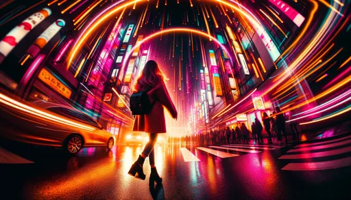 Prompt: bright neon light in the street with girl walking against the dark background, in the style of light amber and magenta, fisheye effects, joyful chaos, tokina at-x 11-16mm f/2.8 pro dx ii, psychedelic-inspired, tabletop photography, golden light in wide ratio