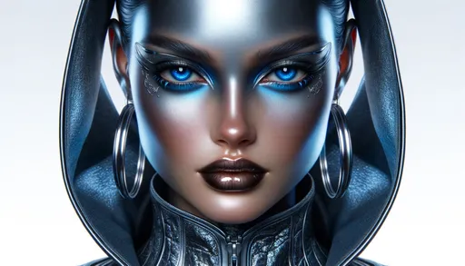 Prompt: Create an image of a futuristic female character with a shiny metallic blue skin tone. She has striking blue eyes, with intricate silver eyeshadow that glimmers like precious metal. Her lips are full and painted with a dark brown glossy lipstick that contrasts with her skin. She wears large, elaborate silver hoop earrings that reflect the light beautifully. Her attire includes a textured blue garment that looks like modern armor, decorated with subtle patterns that catch the light. The image is a close-up of her face and shoulders, exuding a powerful and enigmatic presence.