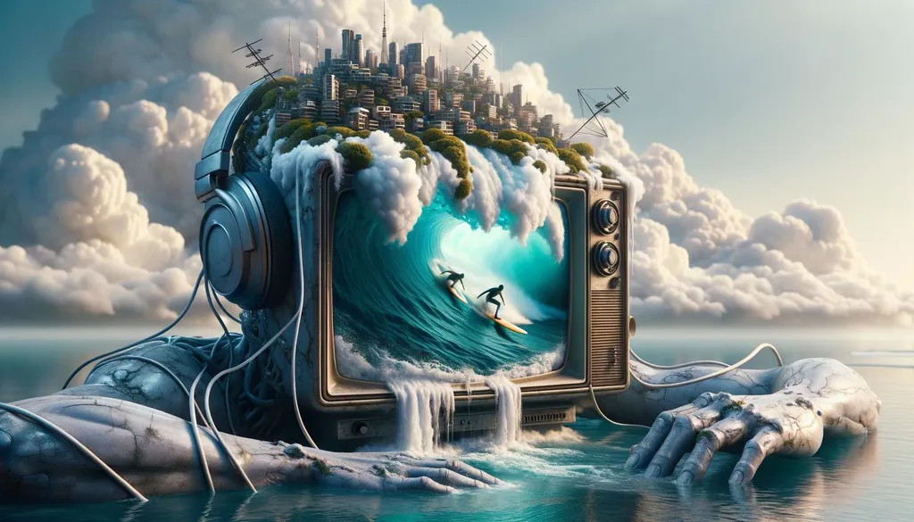 Prompt: Digital art of an otherworldly landscape where an immense humanoid form is resting next to a tranquil body of water. Its head has been transformed into an aged TV, with a tiny urban sprawl emerging from it, intertwined with cords and satellite dishes. The screen vividly shows two surfers navigating a turbulent sea, and headphones are draped over the television.