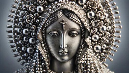 Prompt: Macro photo of the Virgin Mary made of silver beads, showcasing close-up details, bead texture, and reflections in wide format