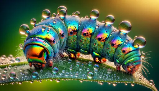 Prompt: Photo showcasing a close-up view of a shimmering, rainbow-tinted metallic caterpillar, surrounded by the glistening droplets of morning dew on a leaf.