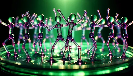 Prompt: Macro photography style image of dancing stickmen made out of transparent purple glass tubes filled with green glowing liquid, with extreme close-up detail, depth of field, and natural lighting, in wide ratio