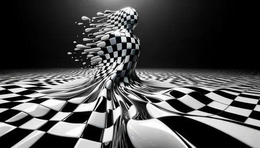 Prompt: A wide-angle scene shows a 3D entity with a checkerboard pattern, emerging dynamically from a viscous checkerboard-patterned liquid. The entity and the liquid share the same seamless design, giving the impression that the entity is born out of the liquid itself. The background is a pure black void, emphasizing the contrast and highlighting the details of the checkerboard pattern. The scene is rendered in high detail, showcasing the reflective and glossy texture of the entity and the liquid, with no other elements or distractions in the frame.