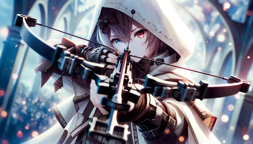 Prompt: Close up of an anime girl wearing a cloak aiming her crossbow in wide ratio