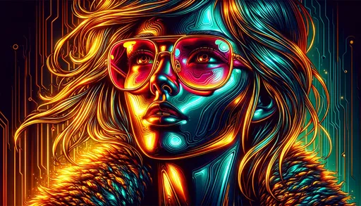 Prompt: Illustration showcasing a girl with a neon light aura. She wears glasses that capture the luminescence around, and her form exudes a liquid metal finish. The golden light adds a touch of warmth, and the artwork is marked by its bold lines, bright color palette, and a distinct retro style.