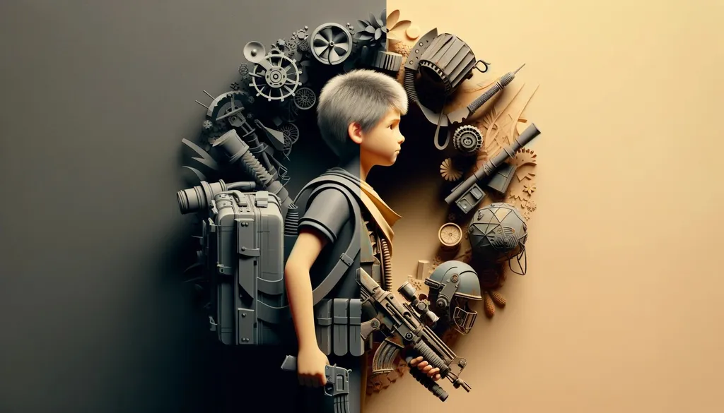 Prompt: An artistic 3D render with a stylized approach showing a young warrior in a post-apocalyptic environment. The imagery contrasts innocence with determination, using a dominant color palette for emotional impact. The character carries gear or weapons from various eras, presented in a wide ratio.