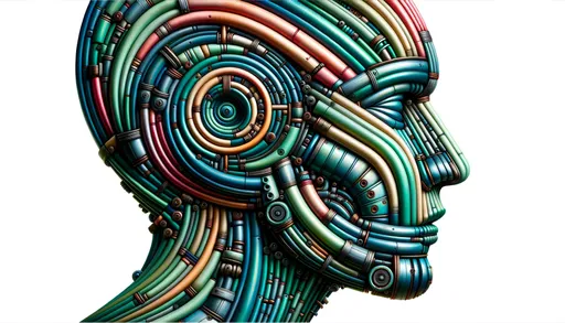 Prompt: Digital depiction of a colorful machine-like side profile of a humanoid face, skillfully created with twined tubes and metallic pieces in shades of teal and patina. The layering of pipes and curvatures coalesce perfectly, symbolizing both dynamism and architecture.