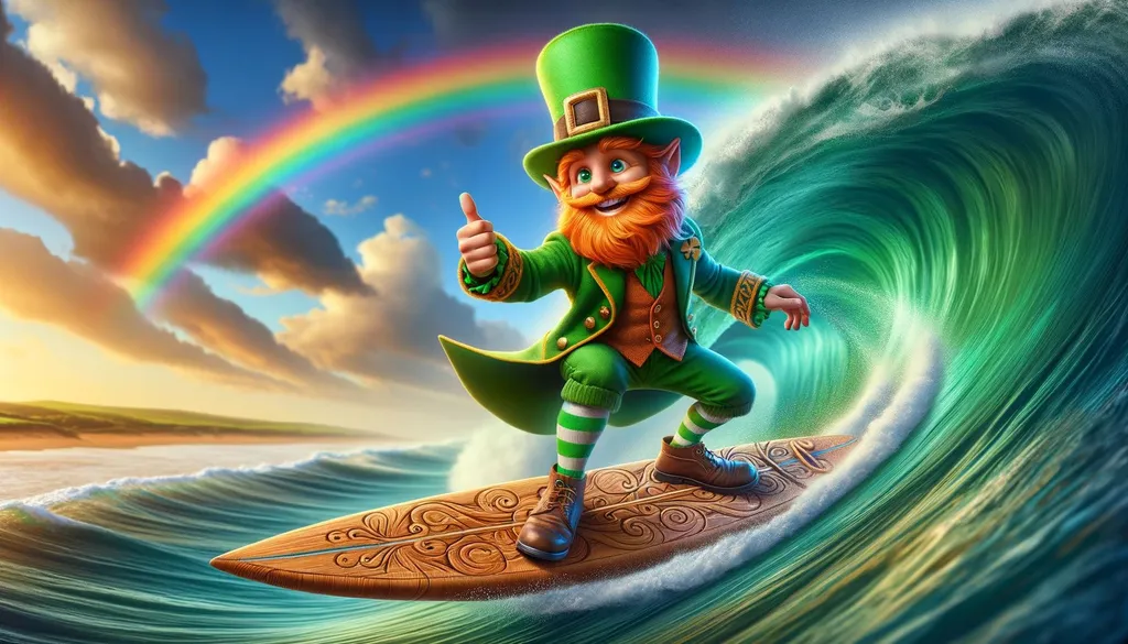 Prompt: The image depicts a jovial leprechaun with a thick orange beard, dressed in traditional green attire and hat, surfing on a wave with a rainbow behind him. He gives a thumbs up, riding a wooden surfboard with confidence.