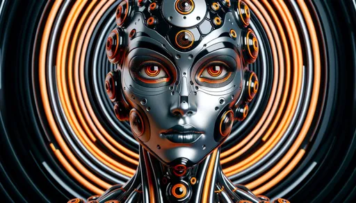 Prompt: Create a hyper-realistic 3D render of a futuristic android with a humanoid face and complex features. The android should have a polished, segmented helmet with a bright orange and black color scheme, embellished with circular patterns and protruding spherical nodes. It should have intense, dramatic eyes with stylized makeup and metallic orange lips to complement the helmet's color. The android's neck and shoulders should appear constructed from a flexible mesh with hexagonal openings, hinting at the sophisticated machinery beneath. The backdrop should feature an array of swirling, concentric curves in alternating dark and bright orange, enhancing the three-dimensional effect and giving an illusion of depth and motion.