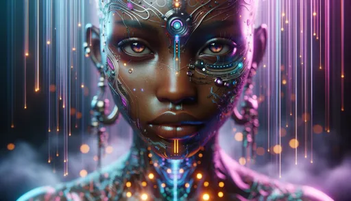 Prompt: Artistic photo render capturing a close-up of a humanoid figure of African descent, set in a futuristic world. Her face is adorned with intricate jewelry, electronic interfaces, and vibrant tattoos. Her eyes, intense and mysterious, seem to tell tales of the future. Her skin, a harmonious blend of natural and neon hues, contrasts with cascading digital rain and illuminated lines that create a mesmerizing cybernetic backdrop.