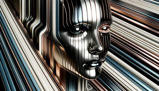 Prompt: Illustration in UHD resolution, presenting a face adorned with black and white stripes, reflecting the sheen of chrome. The ambiance exudes quantum wavetracing effects, placed against a backdrop combining light bronze and dark blue. The composition, reminiscent of a multimedia installation, draws inspiration from futurist art, with selective focus on key elements.