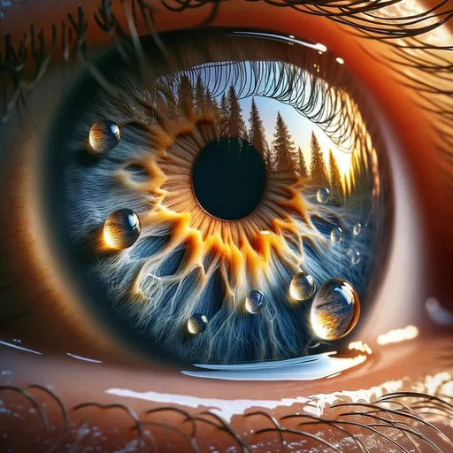 Prompt: Capture a raw photo of an eye up-close, with a sharp focus on the intricate details of the iris in blue and gold, moisture from tears glistening on the skin, and the reflection of the eye itself within the tears. The iris should have a distinctive pattern that mimics a forest silhouette against a bright horizon.