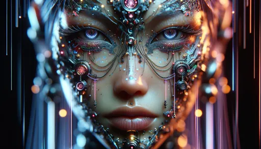 Prompt: Macro photo showcasing a close-up of a futuristic, humanoid figure's face, adorned with intricate jewelry and electronic interfaces. Her gaze is intense, and her skin glows with a mix of natural and neon hues. The detailed view reveals cascading digital rain and illuminated lines, enhancing the cybernetic ambiance. in wide ratio