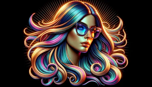 Prompt: Render of a woman's head with a shiny computer graphics appeal. Her hair flows with multiple hues, and she sports stylish glasses. The design embraces neon realism and is infused with golden age artistry. The detailing is precise, presenting a UHD level of clarity.