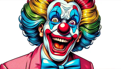 Prompt: Wide image of a clown from a comic, rendered in colorful realism. The clown has exaggerated features typical of comic characters but is presented with realistic shading and vibrant colors, making it a blend of both worlds.