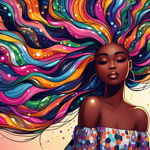 Prompt: girl with large multicolor hair flowing encapsulating her