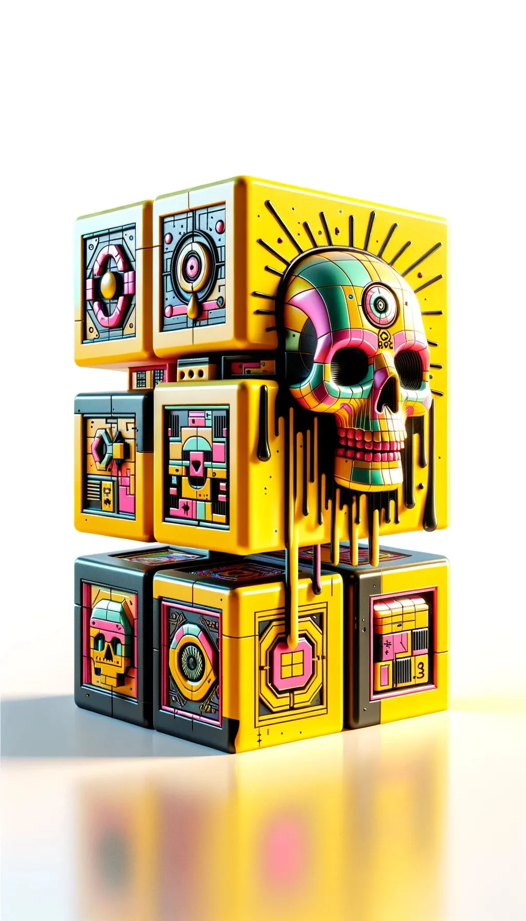 Prompt: 3D representation of a totem pole, where a cube with a radiant skull takes center stage. The cube's plastic coating gleams, and the neo-pop influences, especially the yellow and pink shades, are striking. Dripping paint enhances the design, and other blocks in the totem display various graphic designs, making it a unique piece of art.