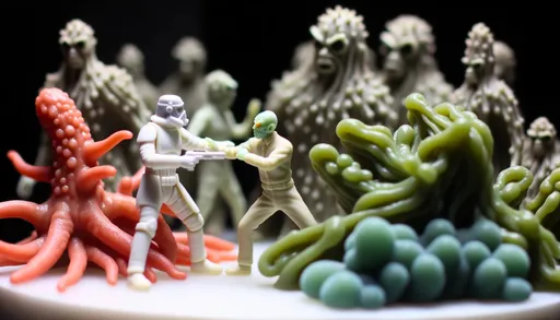 Prompt: Macro shot capturing the detailed artistry of plastic models representing anthropomorphic bacteria locked in a stance against human-esque slime molds.