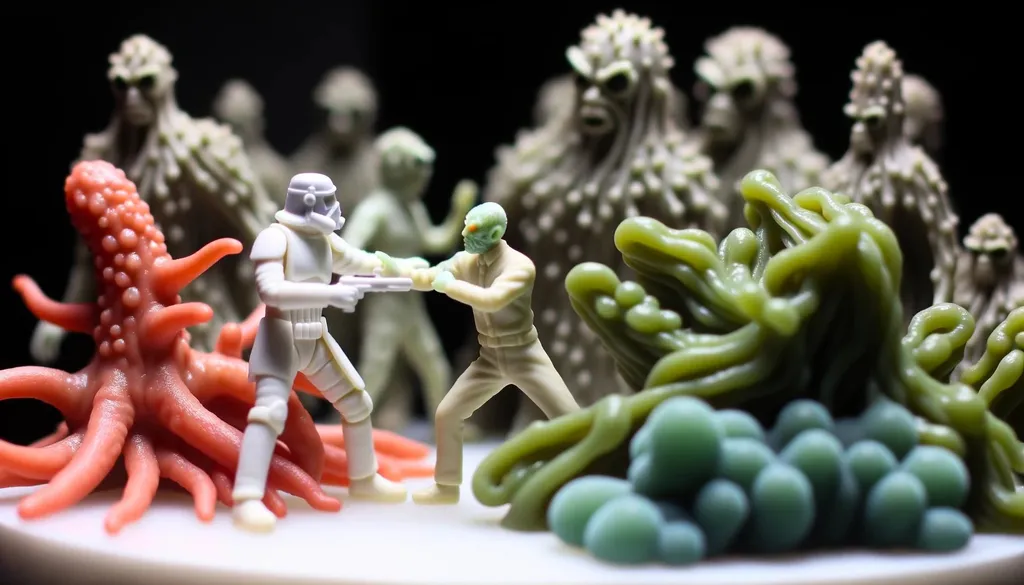 Prompt: Macro shot capturing the detailed artistry of plastic models representing anthropomorphic bacteria locked in a stance against human-esque slime molds.