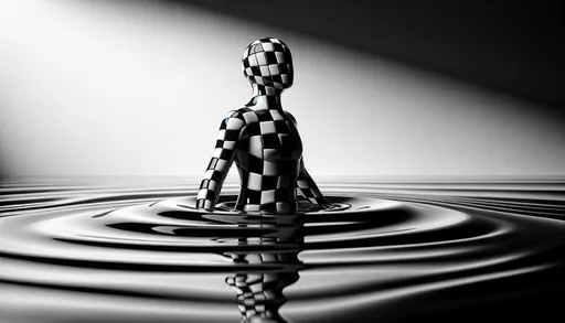 Prompt: A checkerboard patterned 3D entity emerging from a liquid with a glossy surface that reflects the surroundings. The entity has a human-like form, its body seamlessly transitioning from the checkerboard pattern of the liquid. The setting is minimalist with an emphasis on the contrast and the interplay of light and shadow. The image should be a macro, wide-angle shot, with a focus on the entity's upper body as it rises, capturing the intricate details of the checkerboard pattern and the ripples in the liquid.