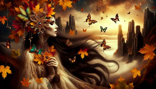 Prompt: The image showcases a ethereal woman with flowing dark hair, adorned with intricate accessories and vibrant autumnal leaves. Butterflies of various hues flit around her as she gazes towards a horizon where shadowed ruins stand. The atmosphere is charged with golden light and a mystic aura.