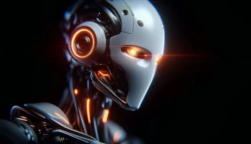Prompt: An artistic macro photo that intimately captures the essence of a robot against a dark background, with a stark white exterior and neon-orange highlights. The artistry of the photo lies in its focus on the minute details and the vibrant lights, bringing the robot's intelligence and encrypted stories to life.