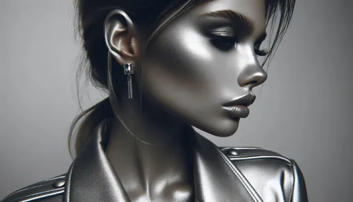 Prompt: high end fashion photo side view of silver tinted girl in wide ratio