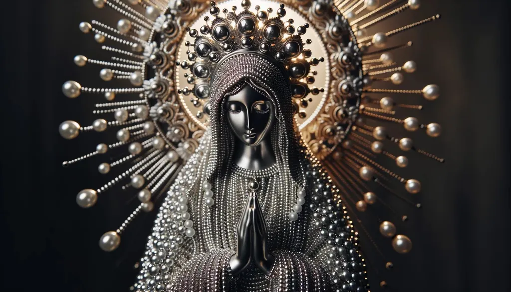 Prompt: Raw photo capturing the shimmering essence of the Virgin Mary made of silver beads, with a focus on natural lighting and bead texture in wide format