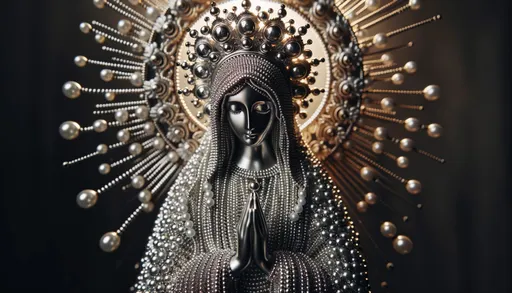 Prompt: Raw photo capturing the shimmering essence of the Virgin Mary made of silver beads, with a focus on natural lighting and bead texture in wide format