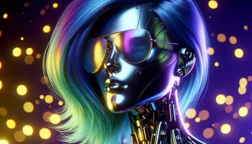 Prompt: 3D render of a futuristic woman with a shimmering hair gradient of indigo, silver, and emerald. Her eyes are shielded by mirrored aviator glasses, and the ambient background is a dance of electric yellow and deep purple lights. Her face displays sharp, robotic-like features.