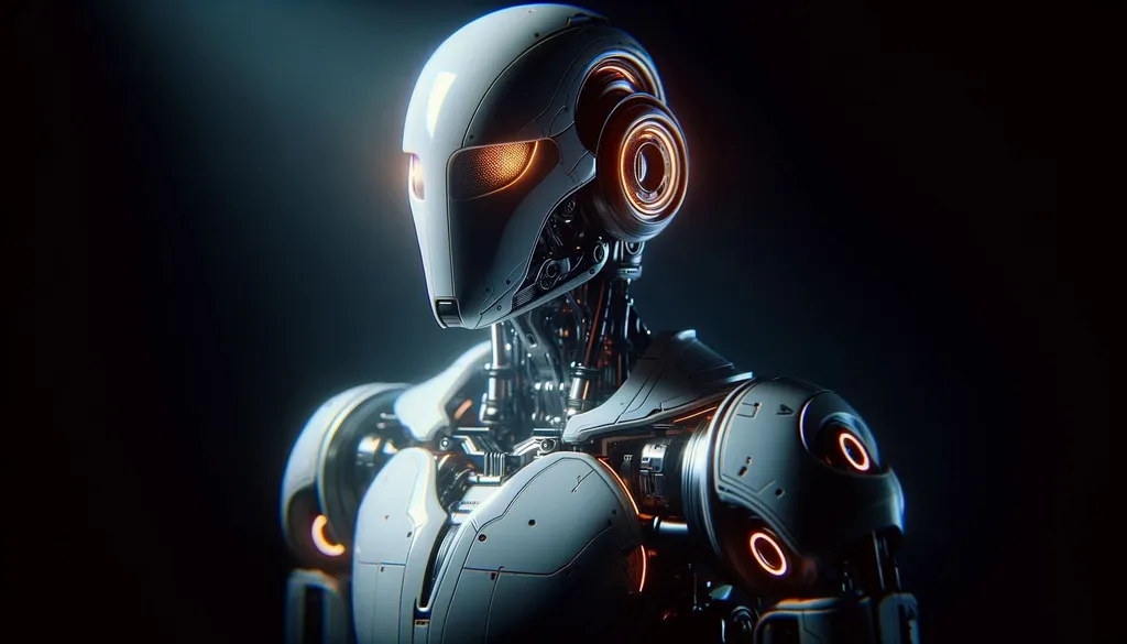 Prompt: A raw photo capturing a sophisticated robot in a realm of darkness, featuring a gleaming white exterior with neon-orange accents. The robot's superior intelligence is suggested by its intricate detailing and the soft glow of pulsating lights.