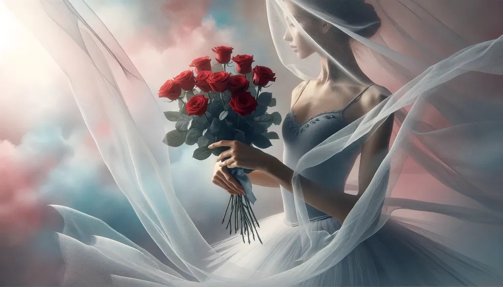 Prompt: A macro photography style image of a gray and white ballet dancer holding a bouquet of red roses, creating a stark contrast. The image should be in a wide ratio format. The focus should be extremely close-up, highlighting intricate details such as the texture of the ballet dancer's costume, the delicate petals of the red roses, and subtle expressions. The background should be blurred to emphasize the macro photography effect, with natural lighting and depth of field typical of a macro lens.