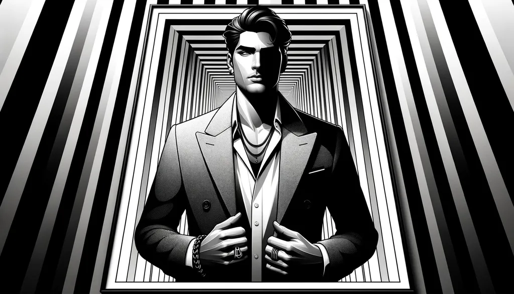 Prompt: Digital art in a wide frame presents a male character of Hispanic descent, set against a monochromatic illusionary backdrop. The artwork's stark color contrast spotlights specific accessories he wears, such as a ring or a chain.