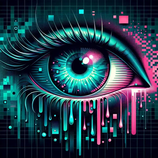 Prompt: The image showcases a stylized, close-up view of an eye. The iris glows in vibrant shades of turquoise and pink, set against a pixelated background. Dripping digital accents cascade from the eye, blending modern graphics with a sense of emotion. in square ratio