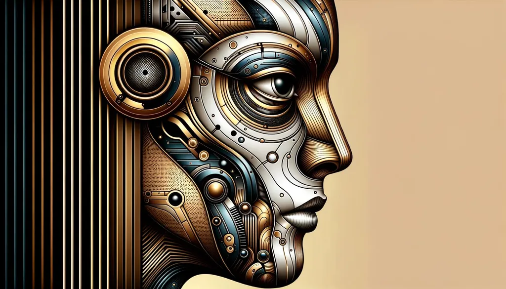 Prompt: Illustration of a futuristic face blending human emotion and machinery. The skin is decorated with patterns of gold, metal, and black and white stripes, reflecting chrome-like luminance. The backdrop is a gradient of light bronze to dark blue, drawing attention to certain facial elements.