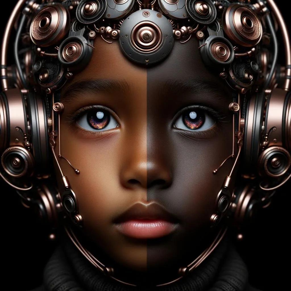 Prompt: Digital art of a young girl, her eyes reflecting dreams, wearing a headgear infused with futuristic robotic designs. The colors of dark bronze and light black set the tone, and the composition boasts a symmetrical layout. Softbox lighting enhances the multicultural fusion present in her appearance.